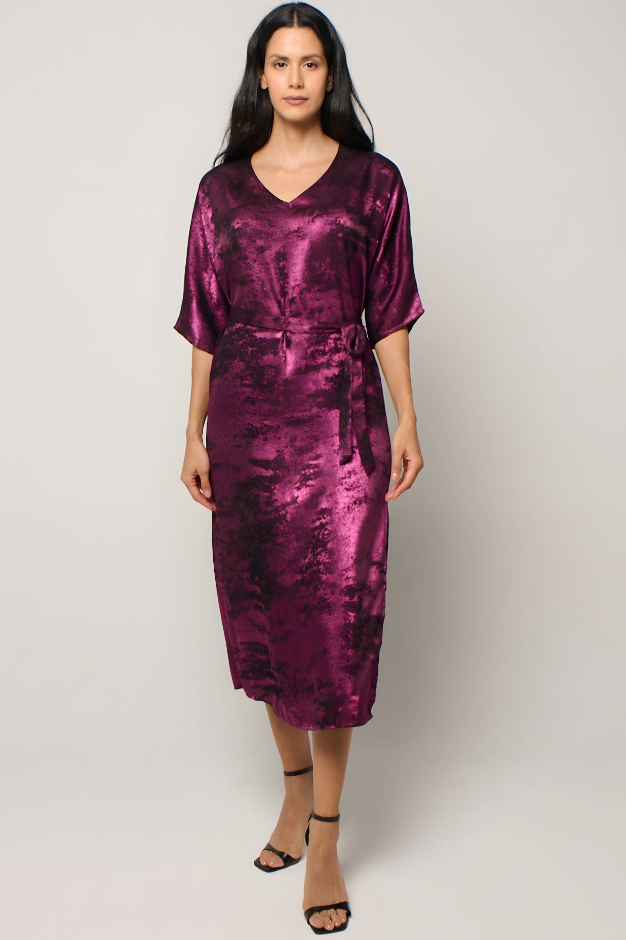 Shadow Of Sequin Shimmer Long Kaftan Dress With Side Slit - Magenta Purple Party Dress