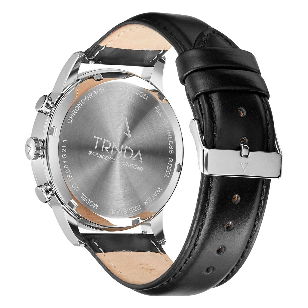 Trnda Men's Stainless Steel Watch, Black Leather Band | Trnda-001