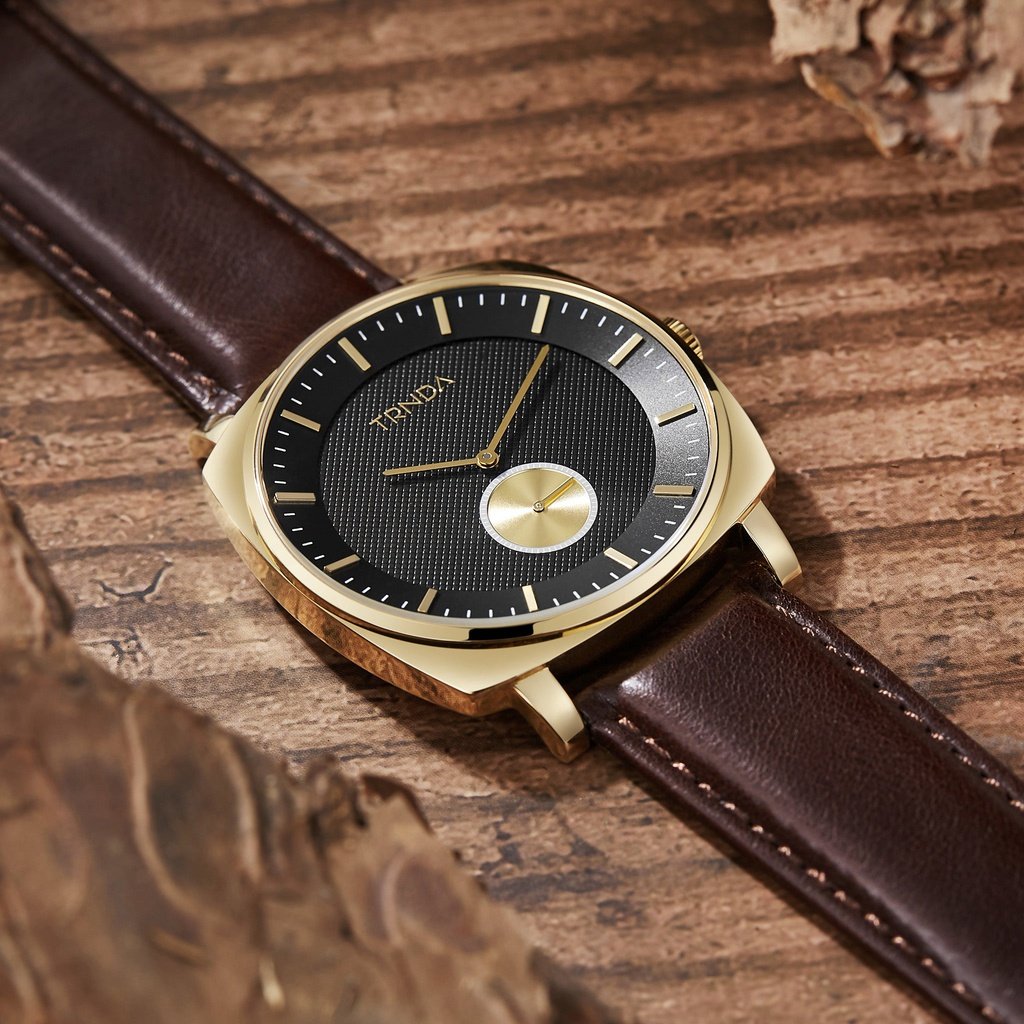 Trnda Men's Stainless Steel Gold Watch, Brown Leather | Trn45mbl