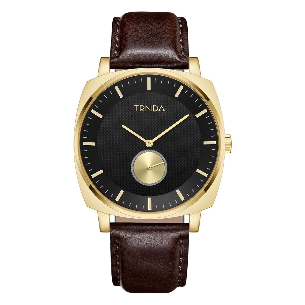 Trnda Men's Stainless Steel Gold Watch, Brown Leather | Trn45mbl