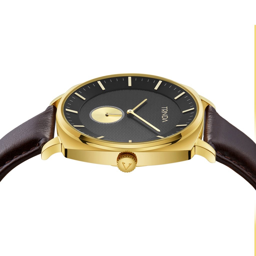 Trnda Men's Stainless Steel Gold Watch, Brown Leather | Trn45mbl