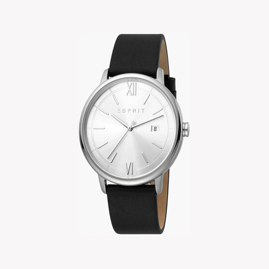 Esprit Men's Black Leather Watch, Silver Dial | Es1g201m0035
